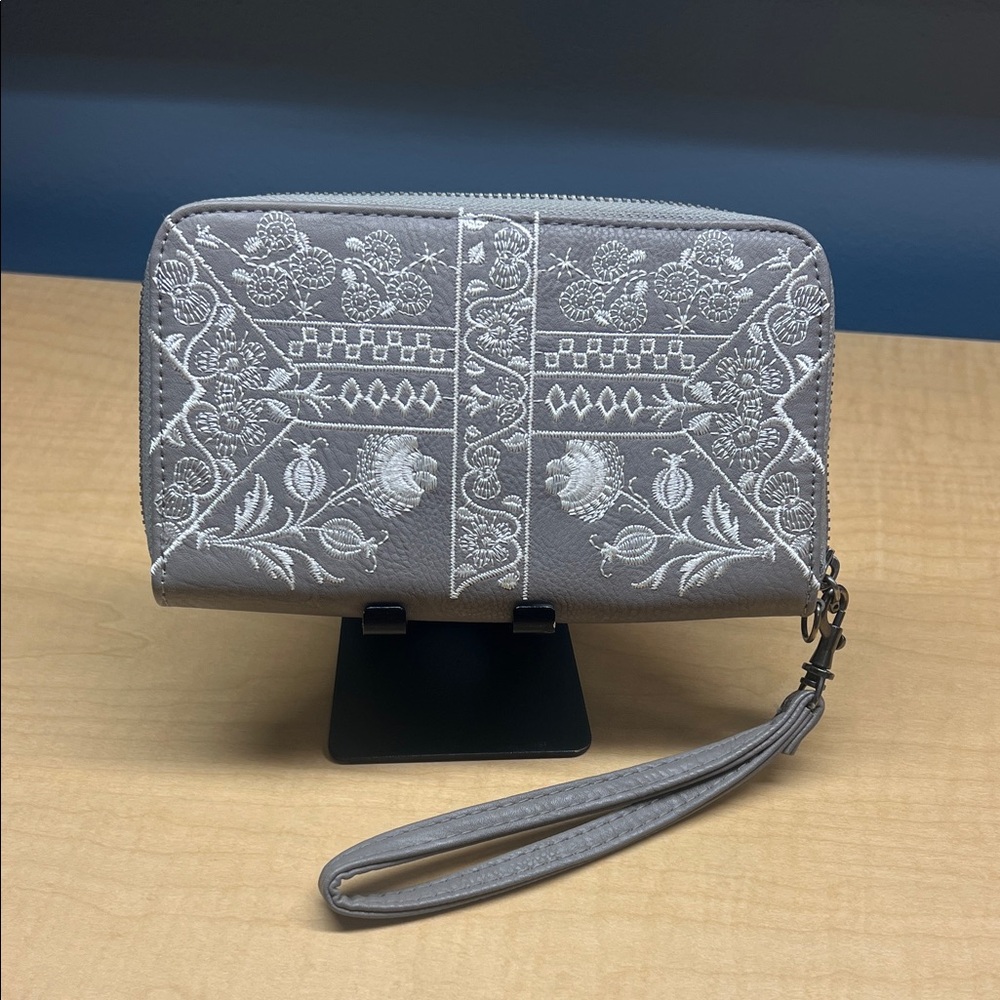 Gray Embroidered Wristlet Wallet